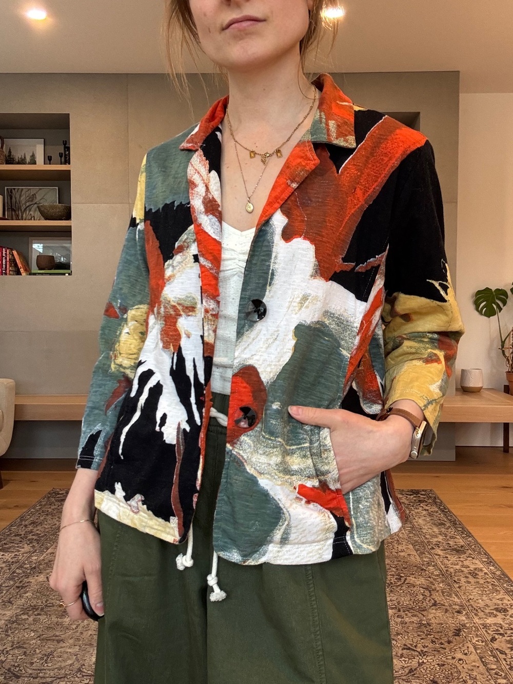 Parsley & Sage Multi-Color Abstract Floral Blazer 3/4 sleeve